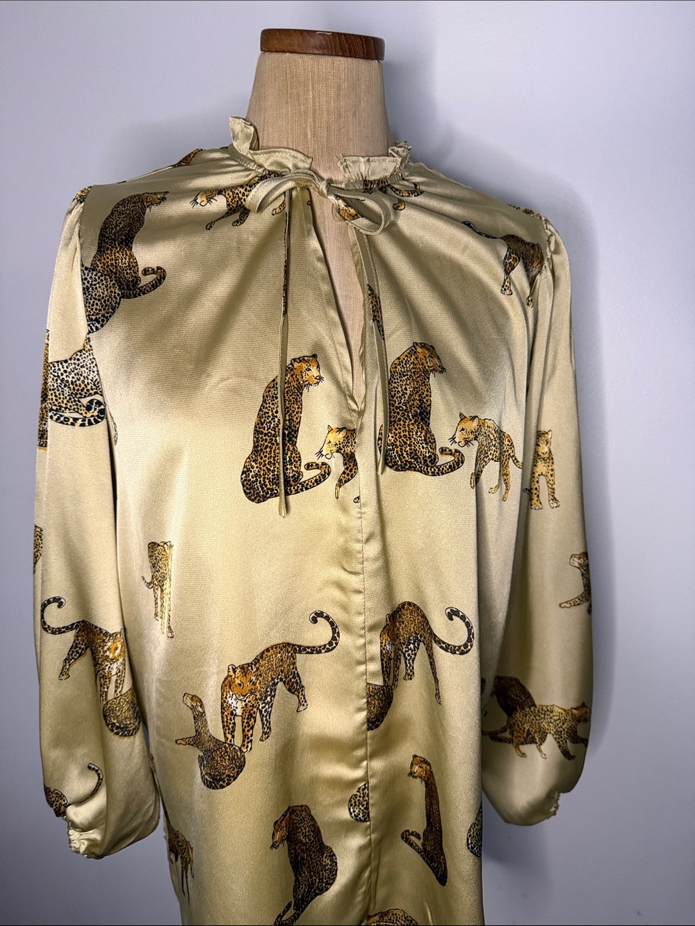 Silky Leopard Print Tie-Neck Blouse - Cream